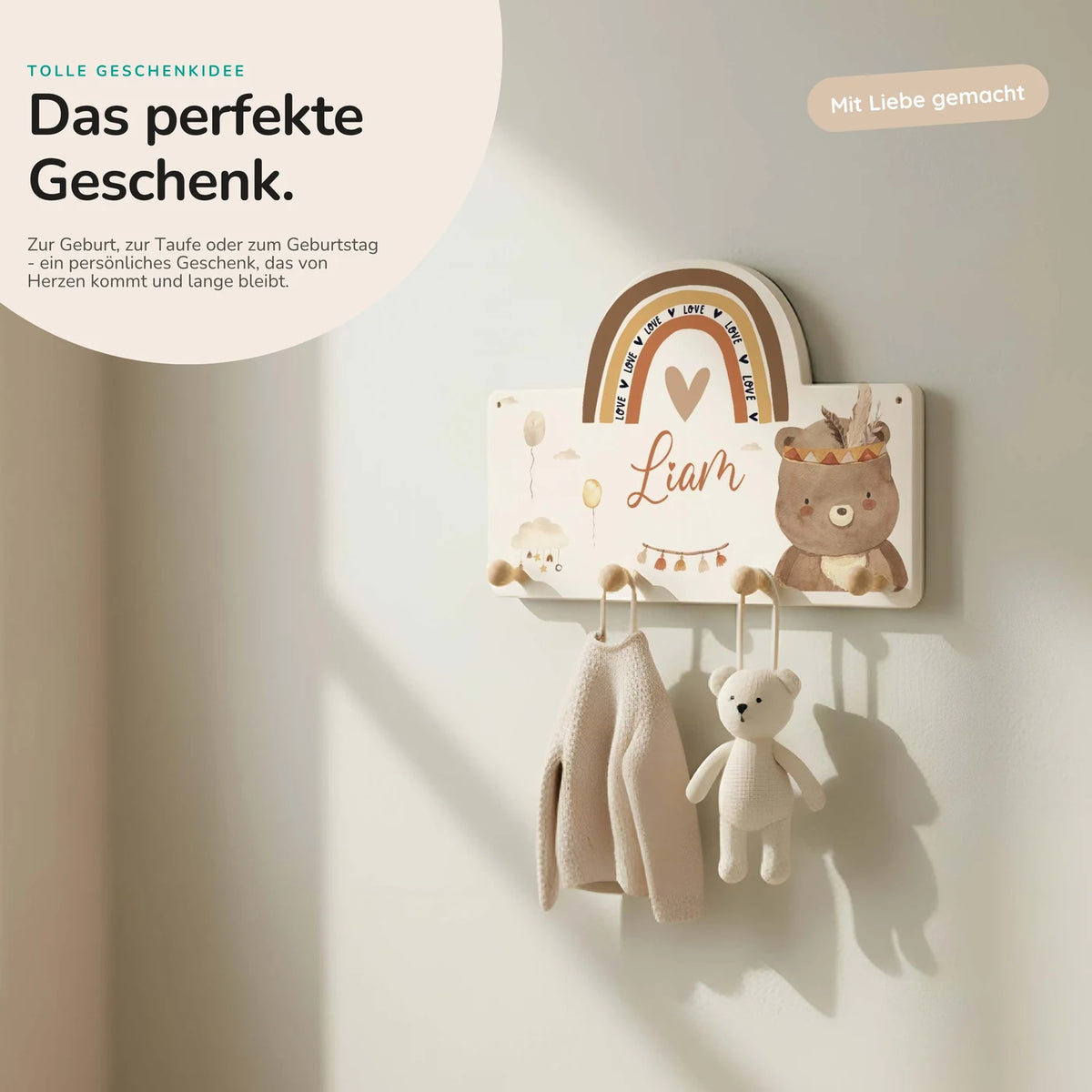 Kindergarderobe Holz personalisiert - Bär