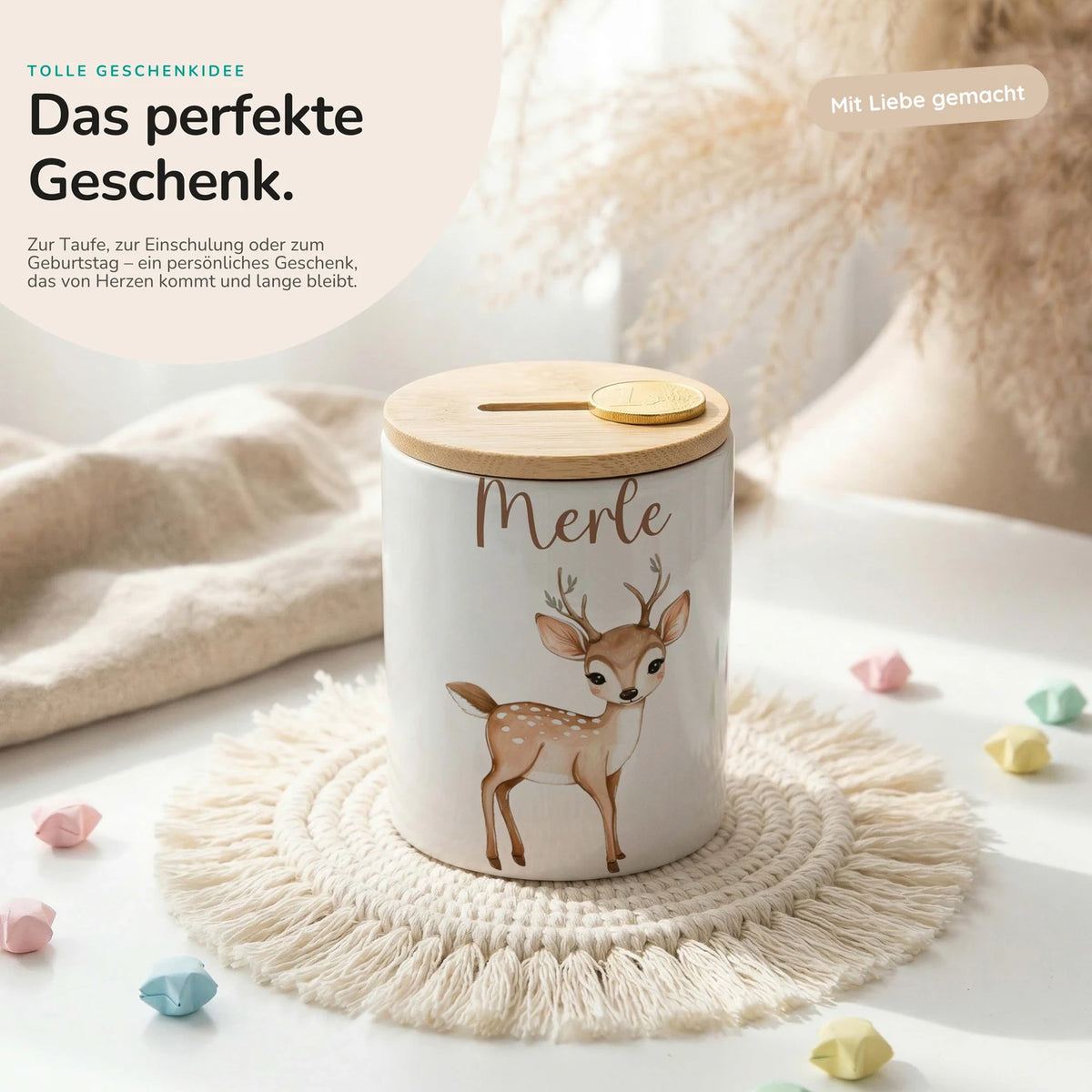 Personalisierte Spardose Rehkitz Bambi – Keramik & Bambus mit Wunschname