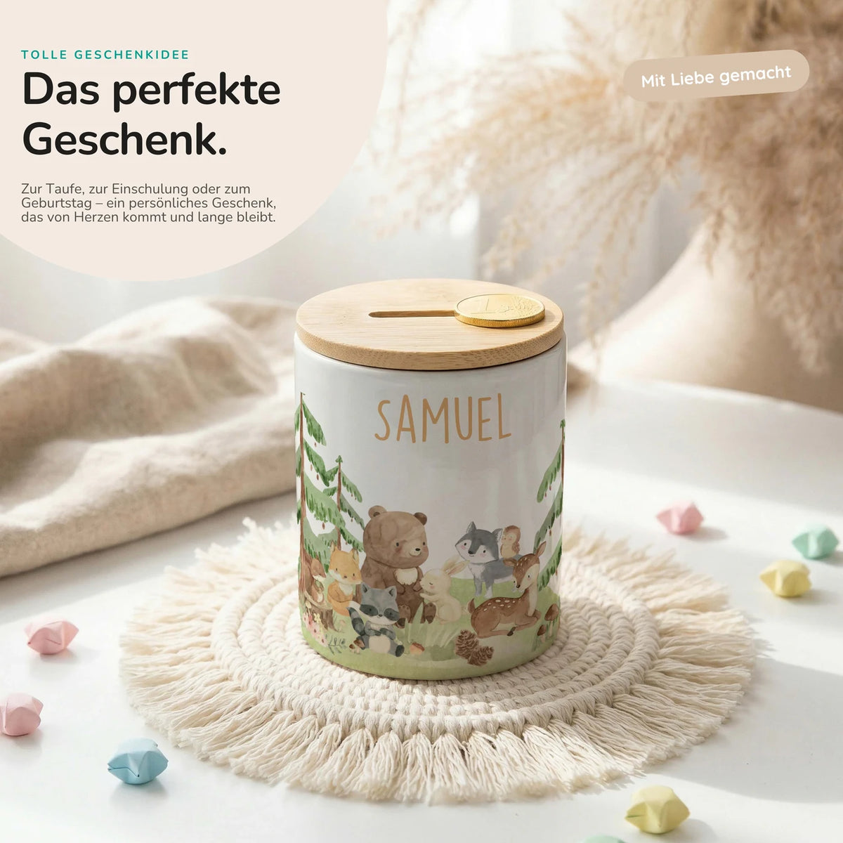 Personalisierte Spardose Waldfreunde II – Keramik & Bambus mit Wunschname