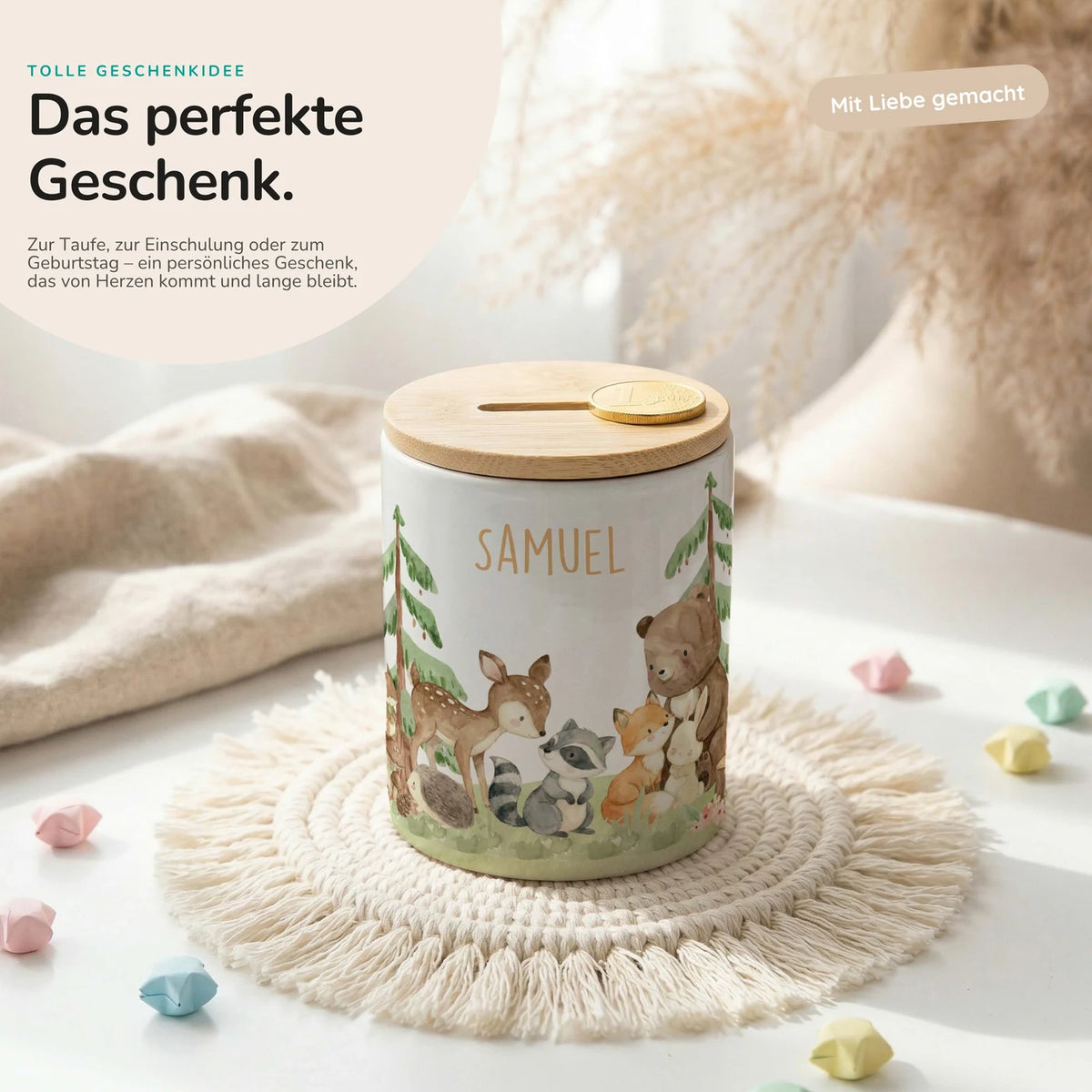 Personalisierte Spardose Waldfreunde III – Keramik & Bambus mit Wunschname