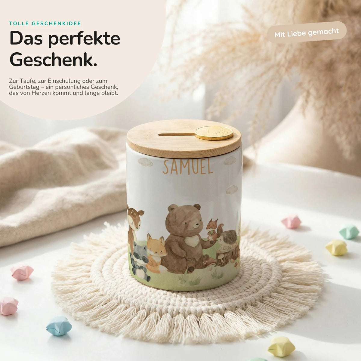 Personalisierte Spardose Waldfreunde IV – Keramik & Bambus mit Wunschname