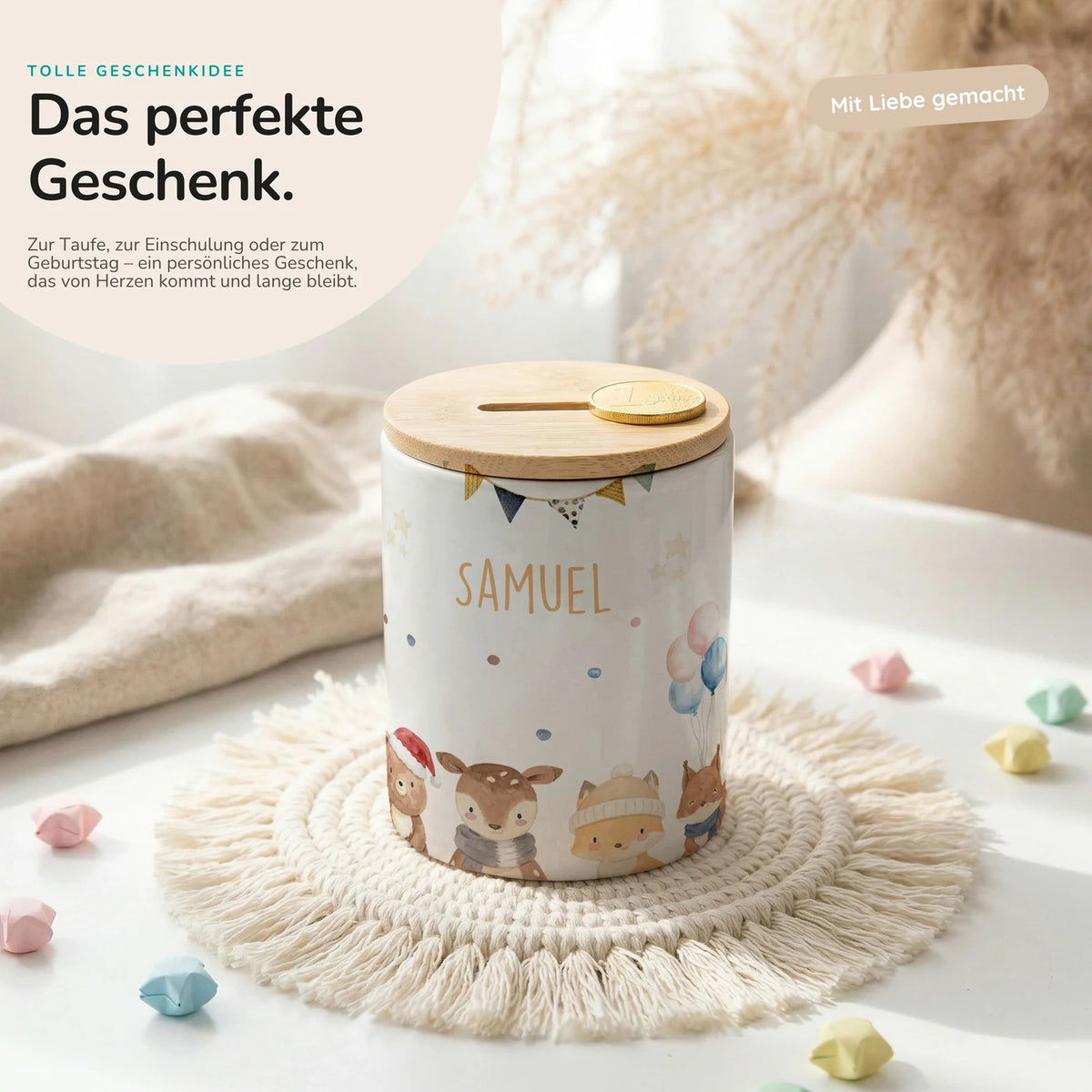Personalisierte Spardose Waldtiere Geburtstag – Keramik & Bambus mit Wunschname