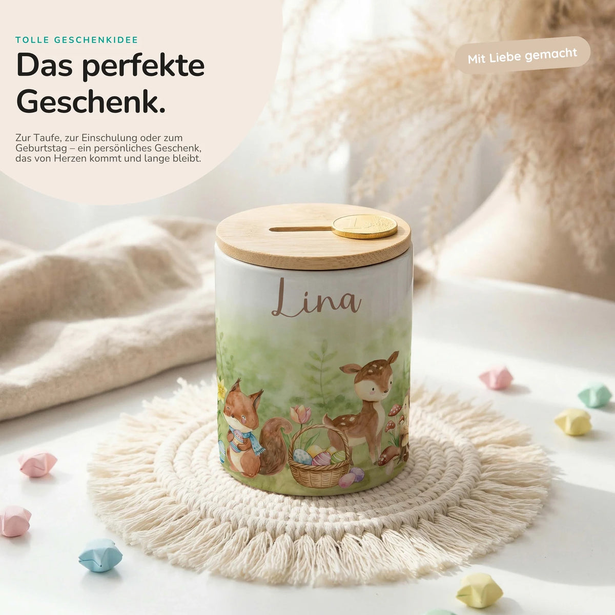 Personalisierte Spardose Ostern Reh & Fuchs – Keramik & Bambus mit Wunschname