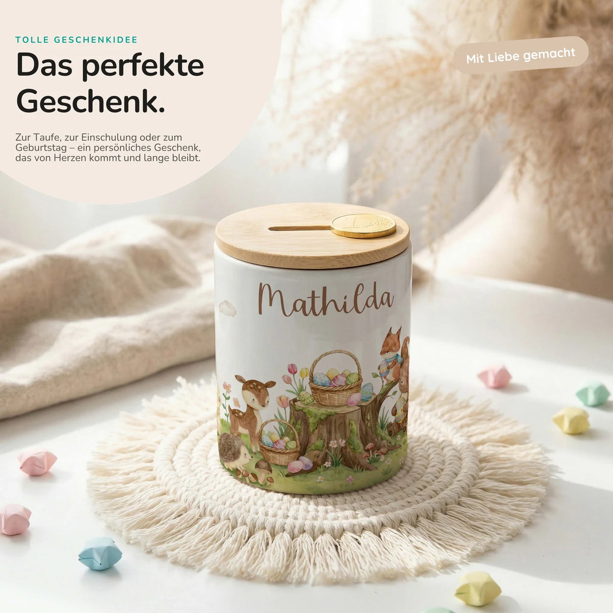 Personalisierte Spardose Ostern Rehkitz – Keramik & Bambus mit Wunschname