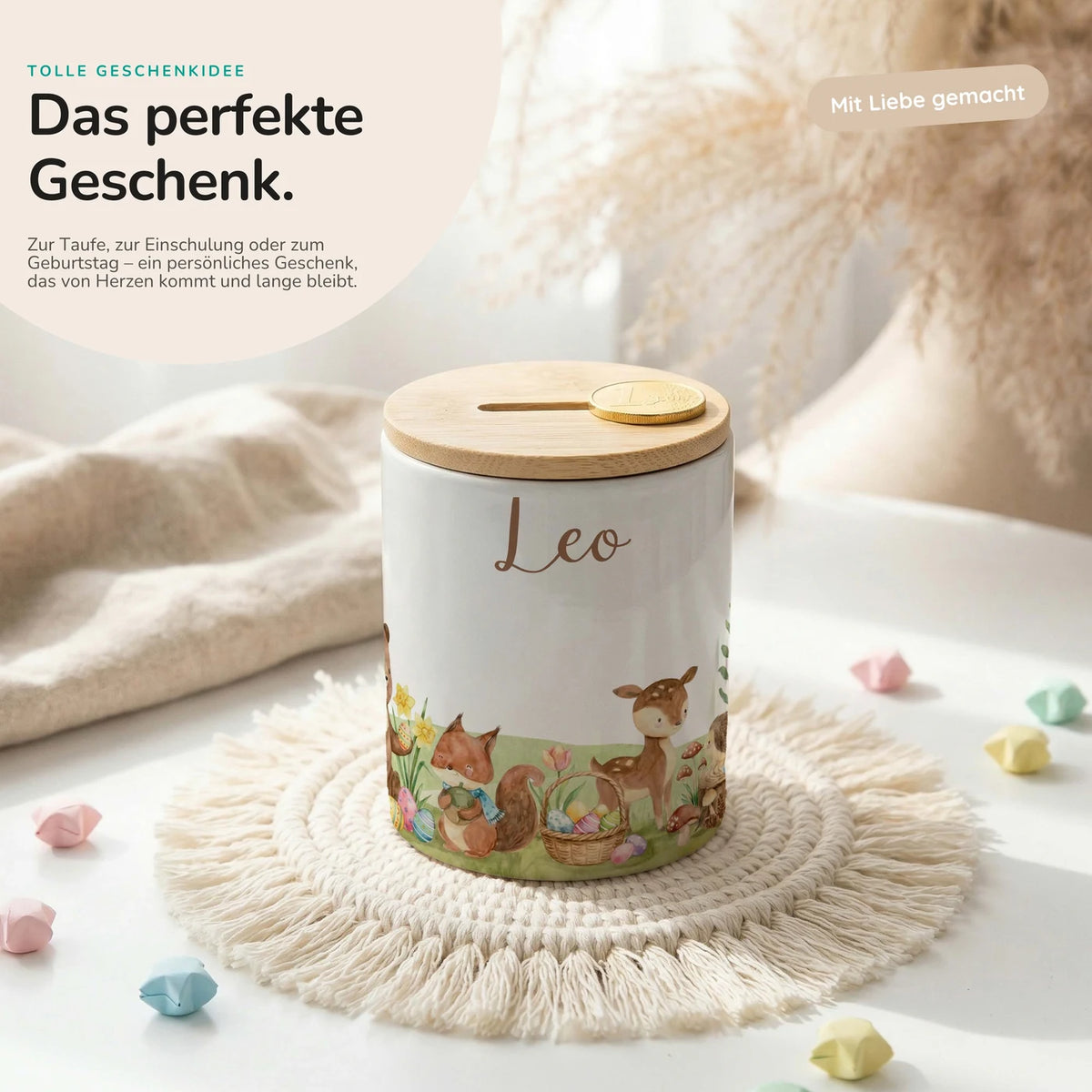 Personalisierte Spardose Ostern Frühlingswiese – Keramik & Bambus mit Wunschname