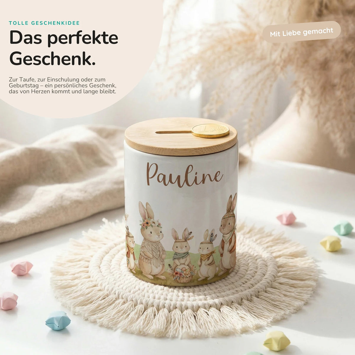 Personalisierte Spardose Boho-Hasen – Keramik & Bambus mit Wunschname
