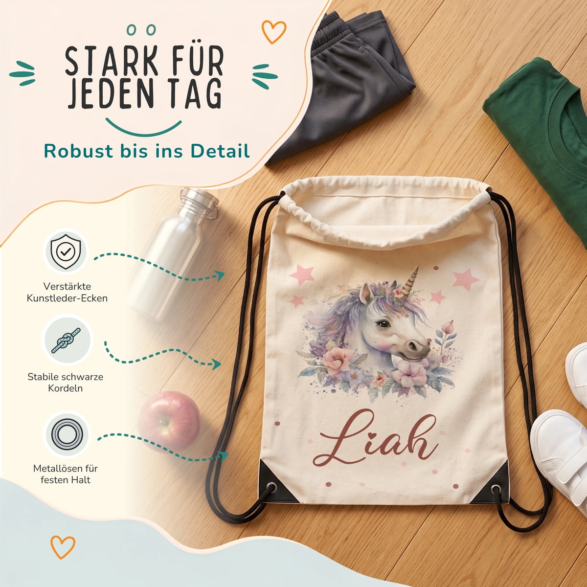 Personalisierter Turnbeutel Einhorn mit Blumen, verstÀrkte Kunstleder-Ecken und Metallösen im Detail