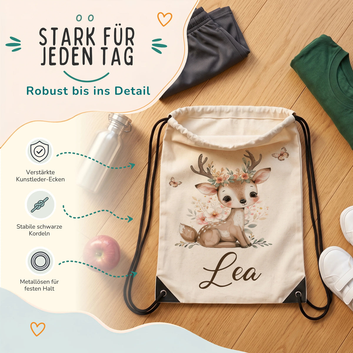 Personalisierter Turnbeutel Reh mit Blumenkranz, verstärkte Kunstleder-Ecken und Metallösen im Detail