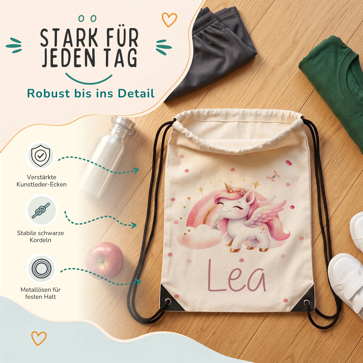 Personalisierter Turnbeutel Zauberhaftes Einhorn, verstÀrkte Kunstleder-Ecken und Metallösen im Detail