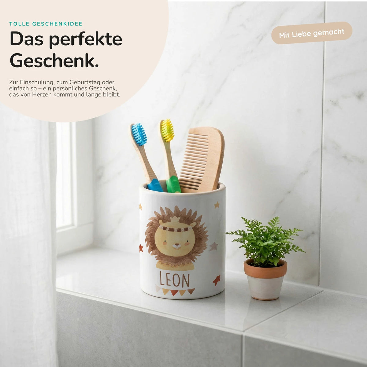 Personalisierter Stiftehalter Löwe Boho â Keramik mit Wunschname