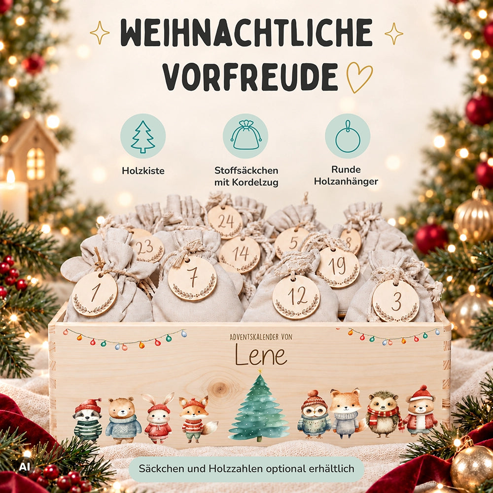 Adventskalender zum Befüllen "Weihnachten mit Tieren und Lichterkette" personalisiert