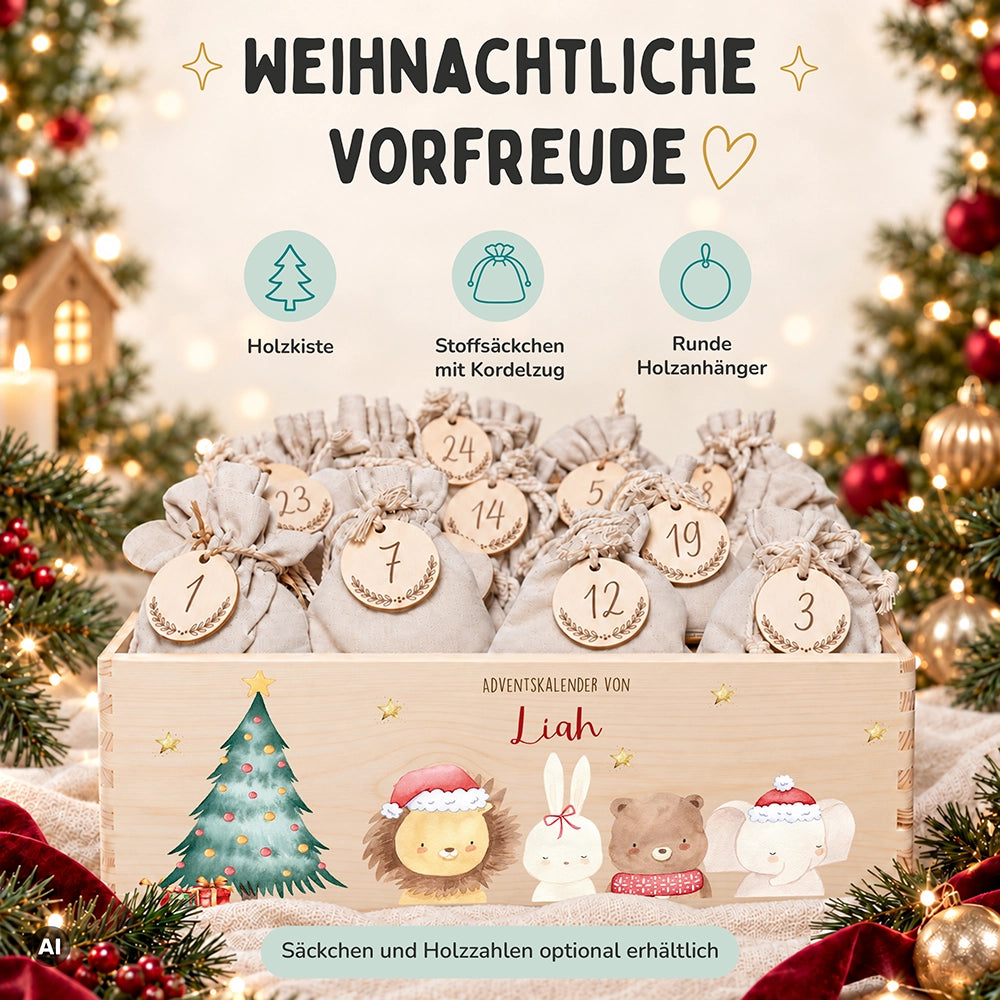Adventskalender zum Befüllen "Weihnachten mit weihnachtlichem Tiertrio" personalisiert