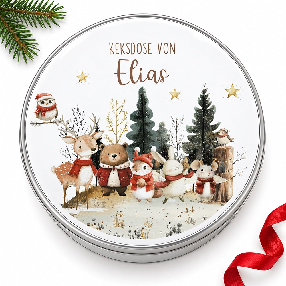 Keksdose aus Metall personalisiert - Weihnachtsfreunde im Schnee