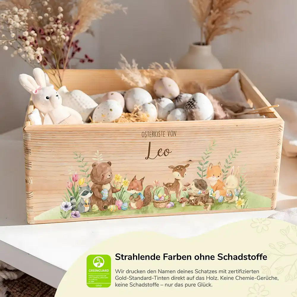 Osterkiste Holz personalisiert - Glückliche Tiere