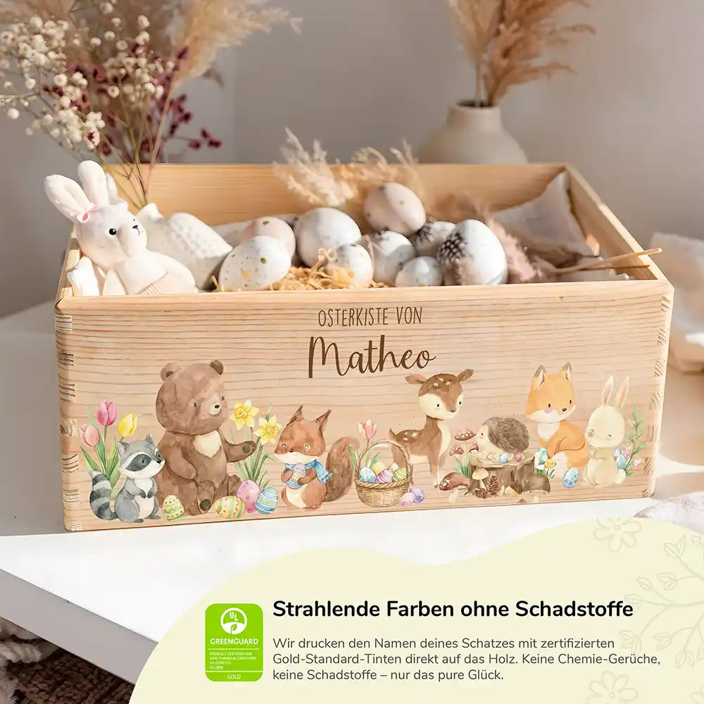 Osterkiste Holz personalisiert - Niedliche Waldtiere