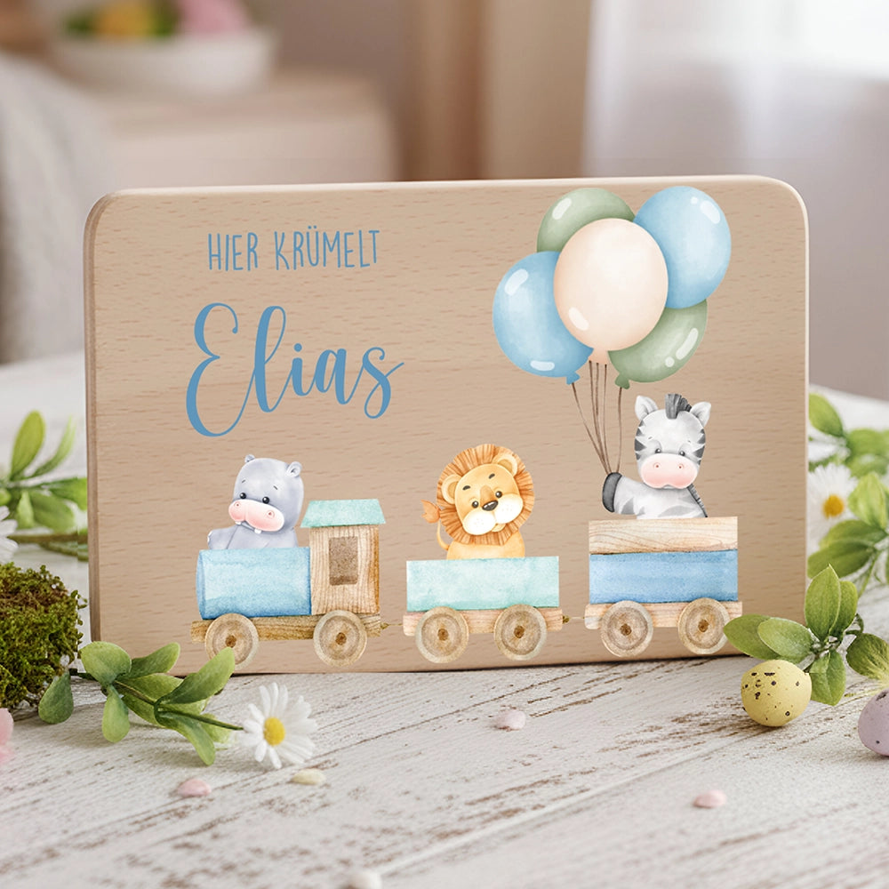 Frühstücksbrettchen Holz personalisiert Tiere Eisenbahn