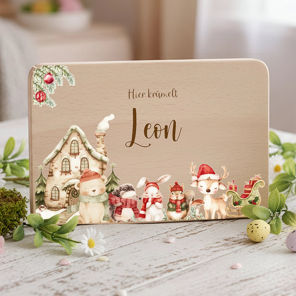Frühstücksbrettchen Weihnachten Winterdorf mit Tieren - Geschenk Weihnachten