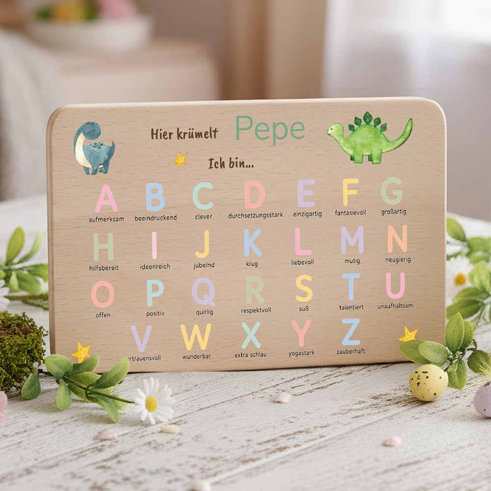 ABC Brettchen Kinder personalisiert – Dinosaurier pastell