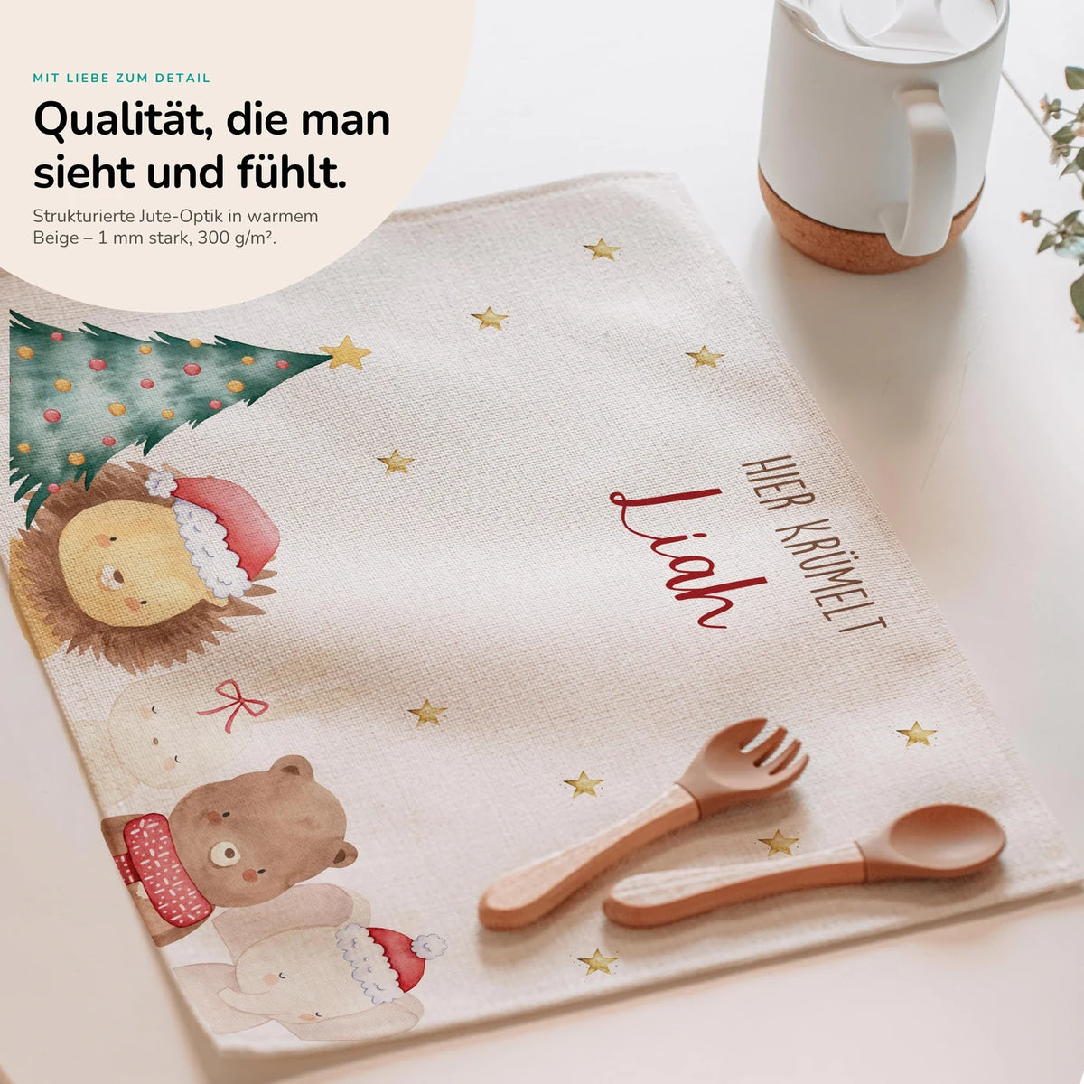 Tischset Kinder personalisiert Weihnachtsmotiv - Weihnachtswald-Tiertruppe