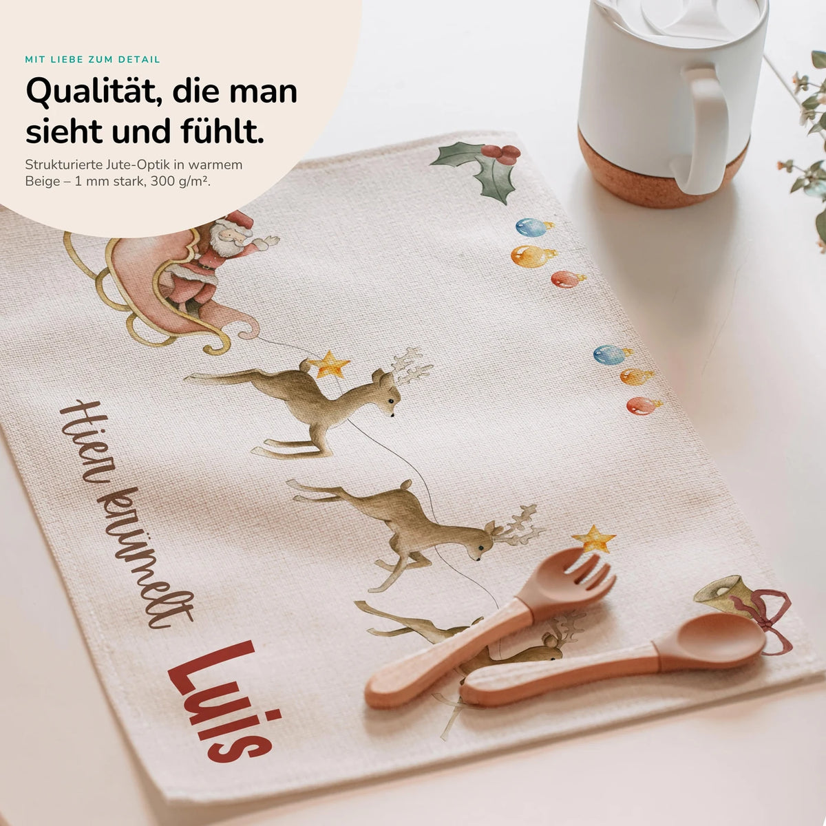 Tischset Kinder personalisiert Weihnachtsmotiv - Rentierschlitten