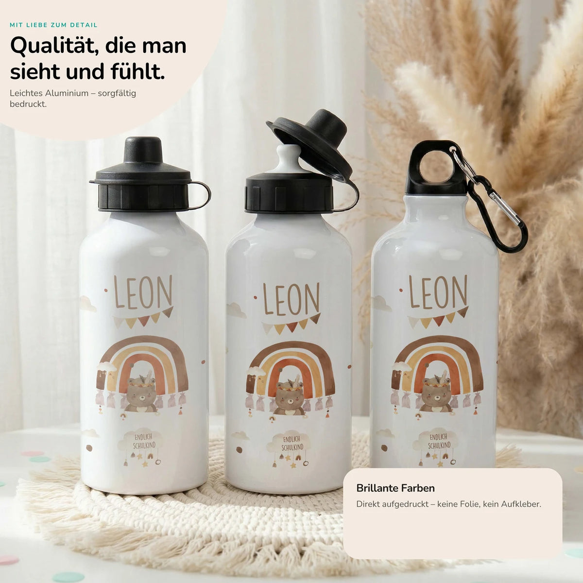 Personalisierte Trinkflasche Kinder â BĂ€r Regenbogen Schulkind