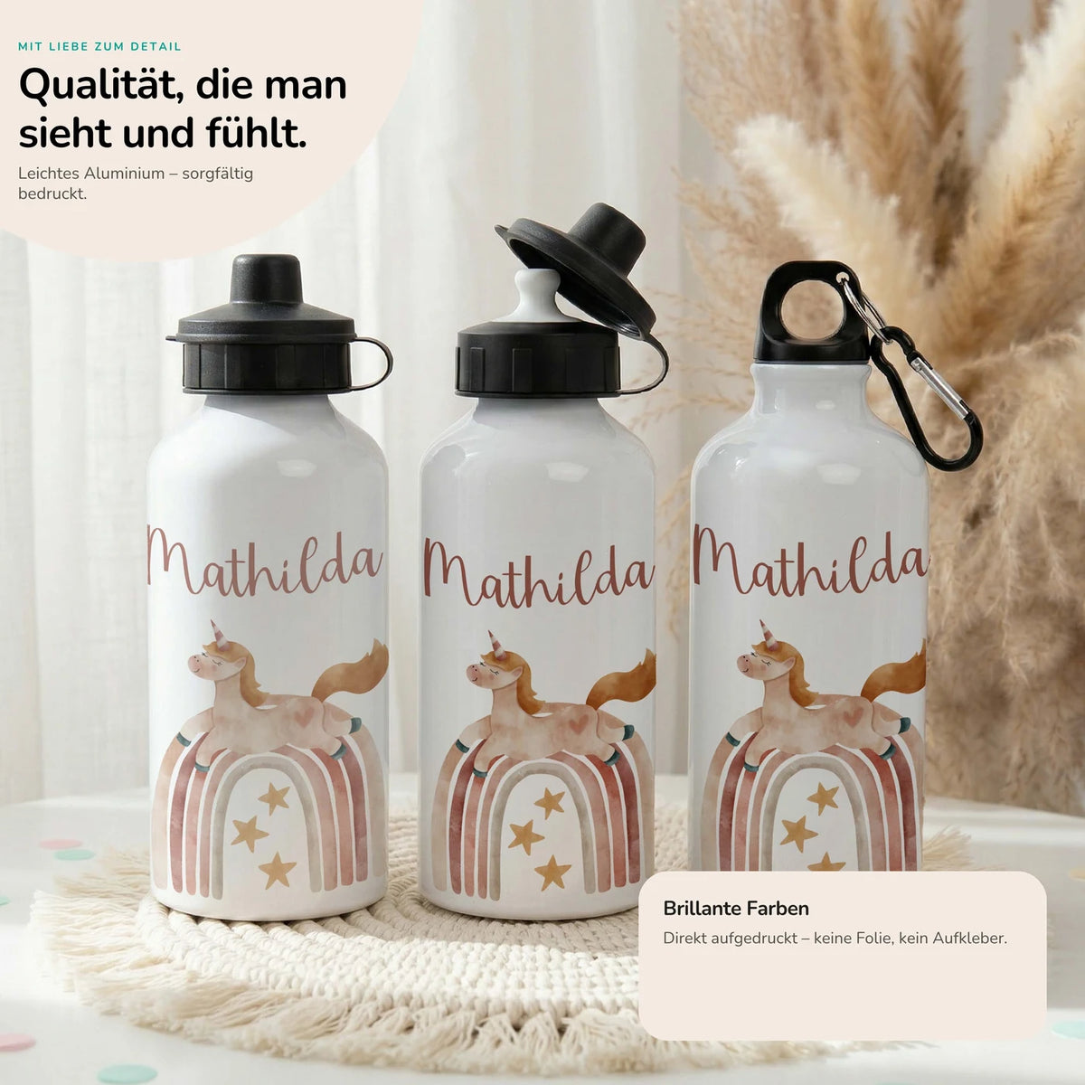 Personalisierte Trinkflasche Kinder – Einhorn Boho-Regenbogen