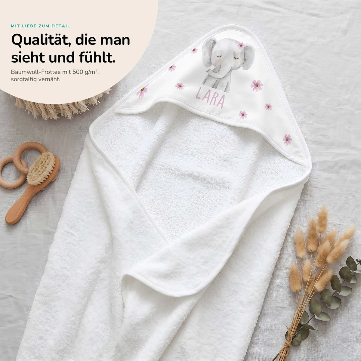 Personalisiertes Kapuzenhandtuch Baby â Elefant BlĂŒten