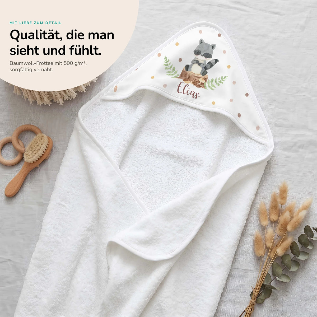 Personalisiertes Kapuzenhandtuch Baby â WaschbĂ€r Wald