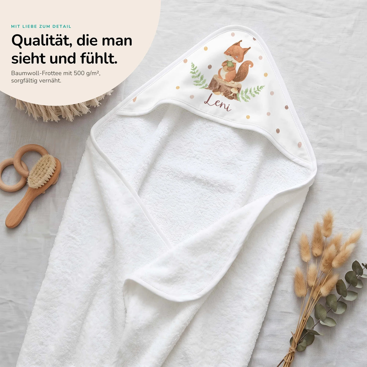 Personalisiertes Kapuzenhandtuch Baby – Eichhörnchen Eichel