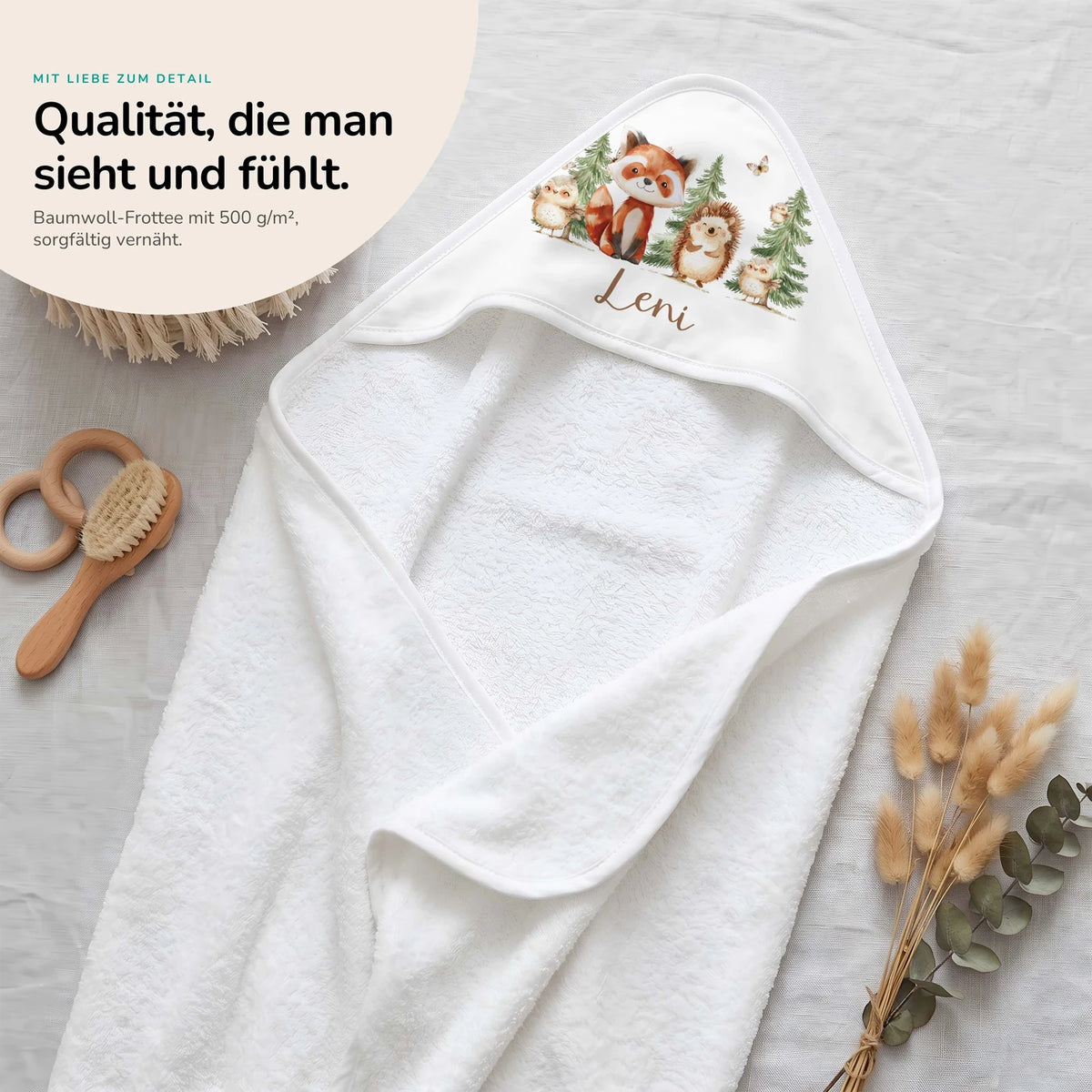Personalisiertes Kapuzenhandtuch Baby â Waldfreunde Tannen