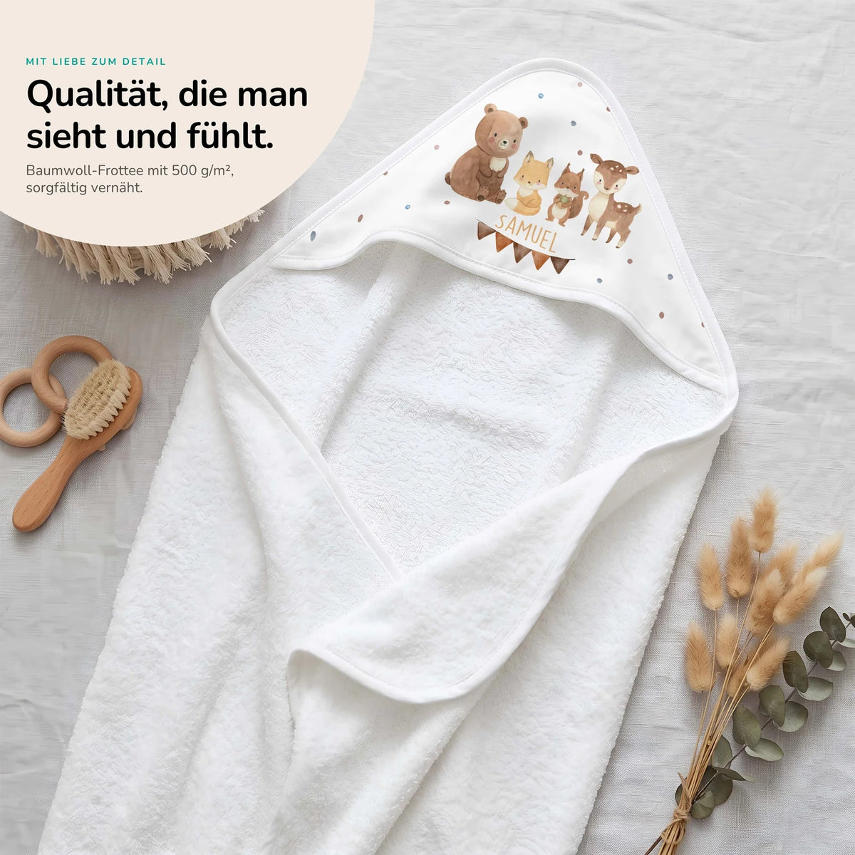 Personalisiertes Kapuzenhandtuch Baby â Waldtiere Wimpel