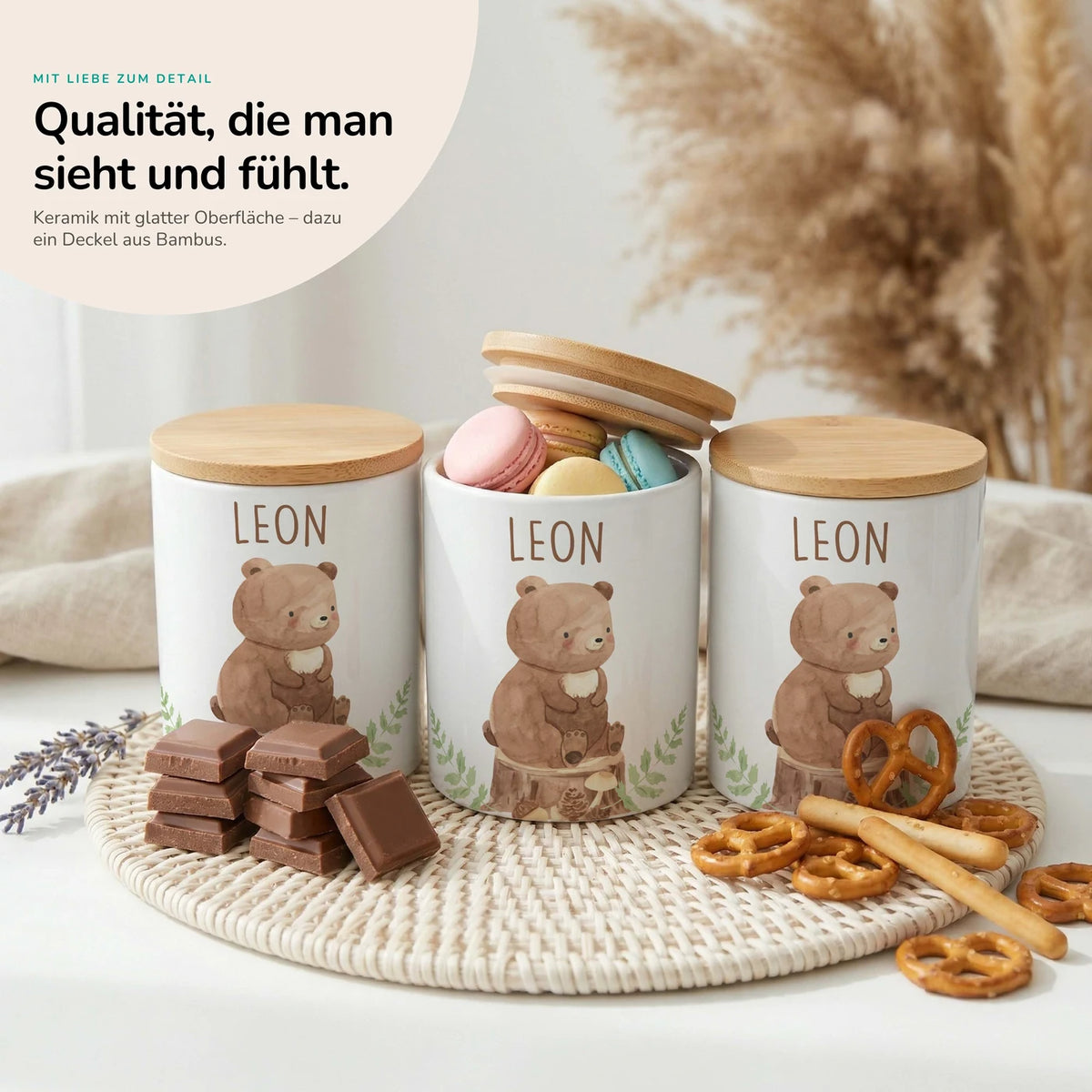 Personalisierte Keksdose BĂ€r Wald â Keramik & Bambus mit Wunschname