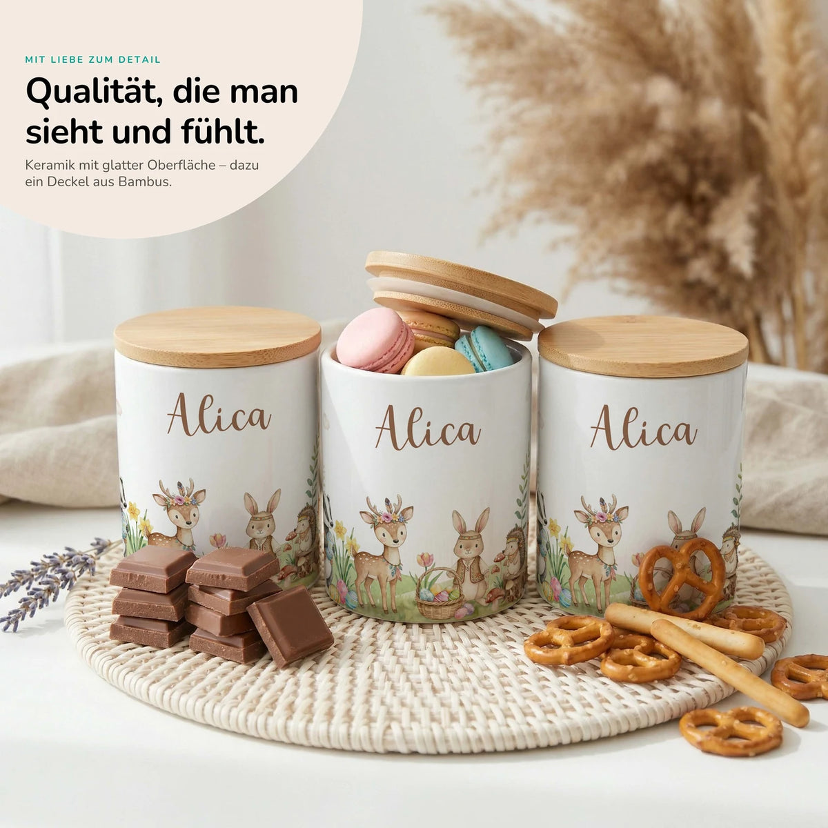 Personalisierte Keksdose Ostern Waldtiere-Treff – Keramik & Bambus mit Wunschname