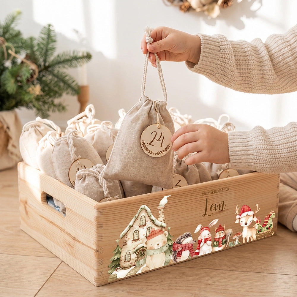 Adventskalender zum BefĂĽllen "Winterdorf mit Tieren" personalisiert