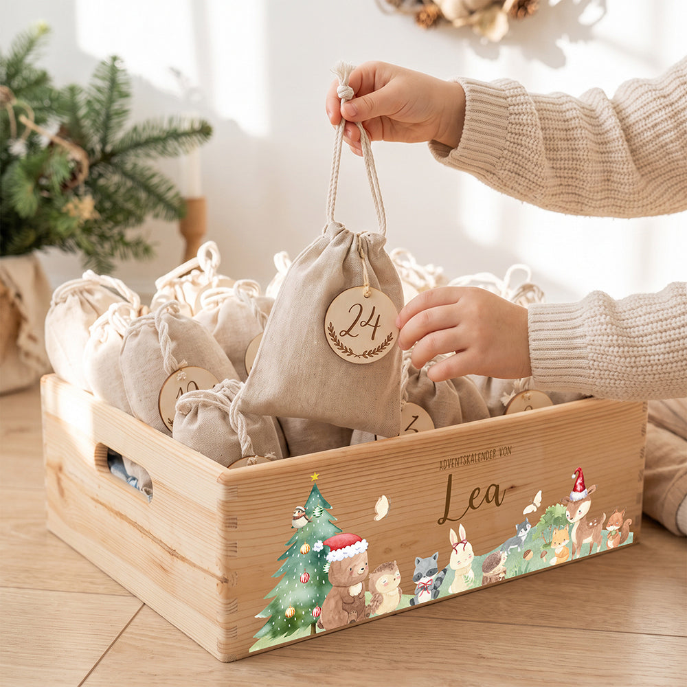 Adventskalender zum BefĂĽllen "Weihnachten mit winterlichen Tierfreunden" personalisiert