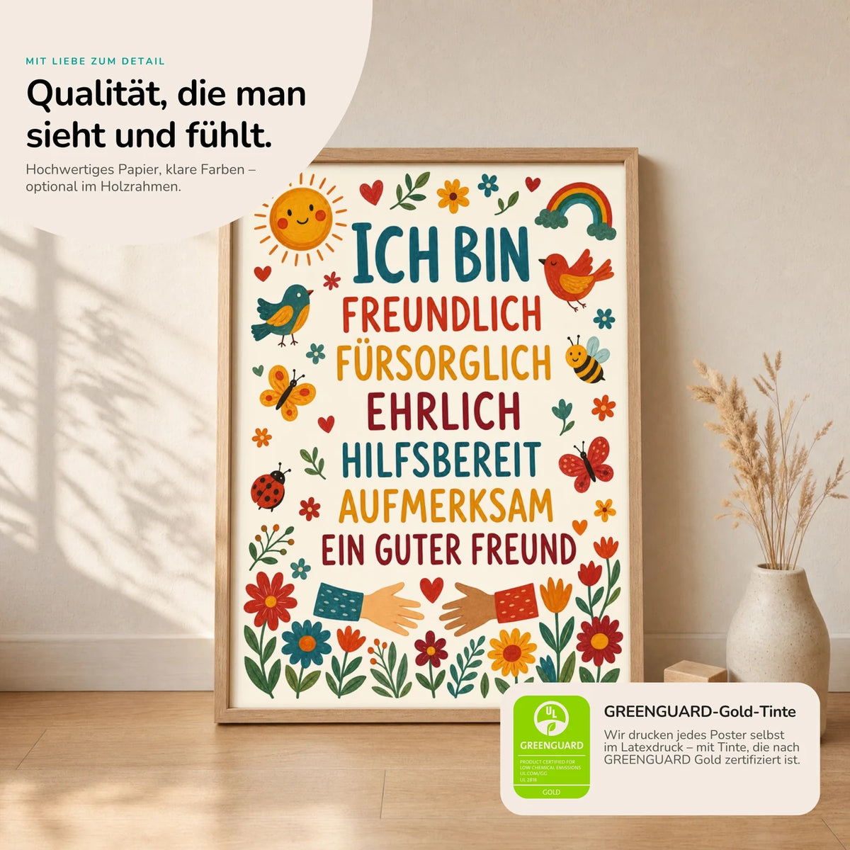 Kinderposter âBlumen Ich bin freundlichâ im Holzrahmen auf dem Regal â Poster mit SprĂŒchen fĂŒrs Kinderzimmer