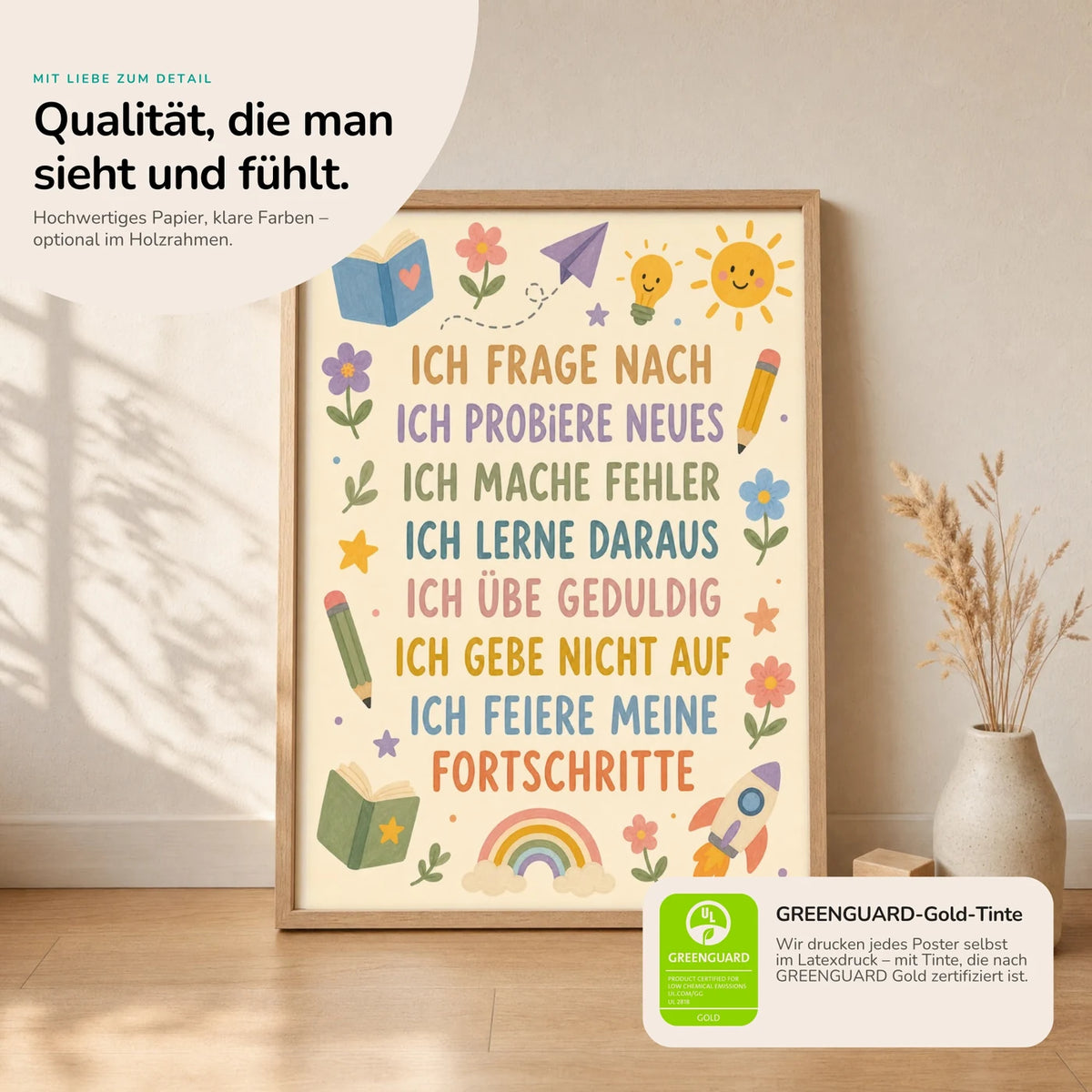 Kinderposter âBlumenwiese Ich frage nachâ im Holzrahmen auf dem Regal â Poster mit SprĂŒchen fĂŒrs Kinderzimmer