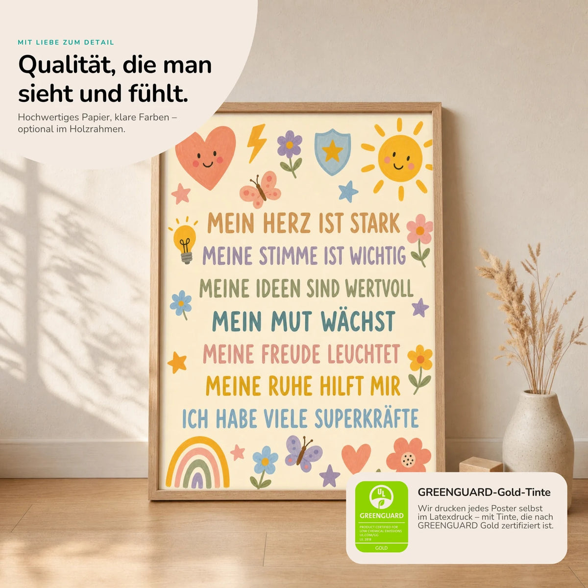 Kinderposter âBlumenwiese SuperkrĂ€fteâ im Holzrahmen auf dem Regal â Poster mit SprĂŒchen fĂŒrs Kinderzimmer