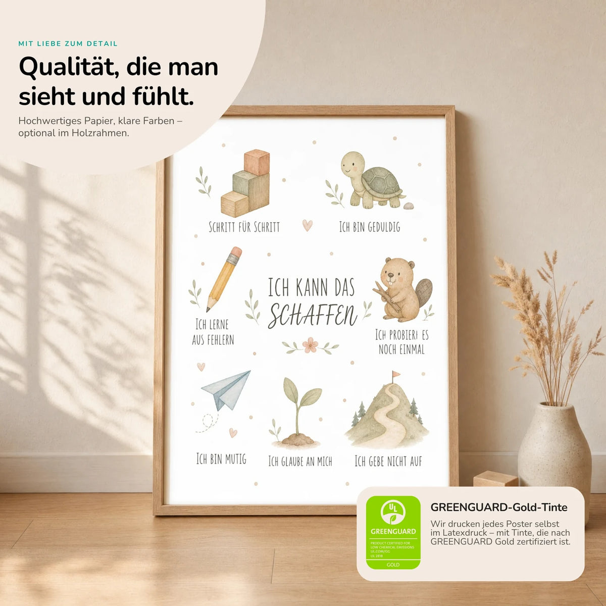 Kinderposter âCollage Ich kann das schaffenâ im Holzrahmen auf dem Regal â Poster mit SprĂŒchen fĂŒrs Kinderzimmer