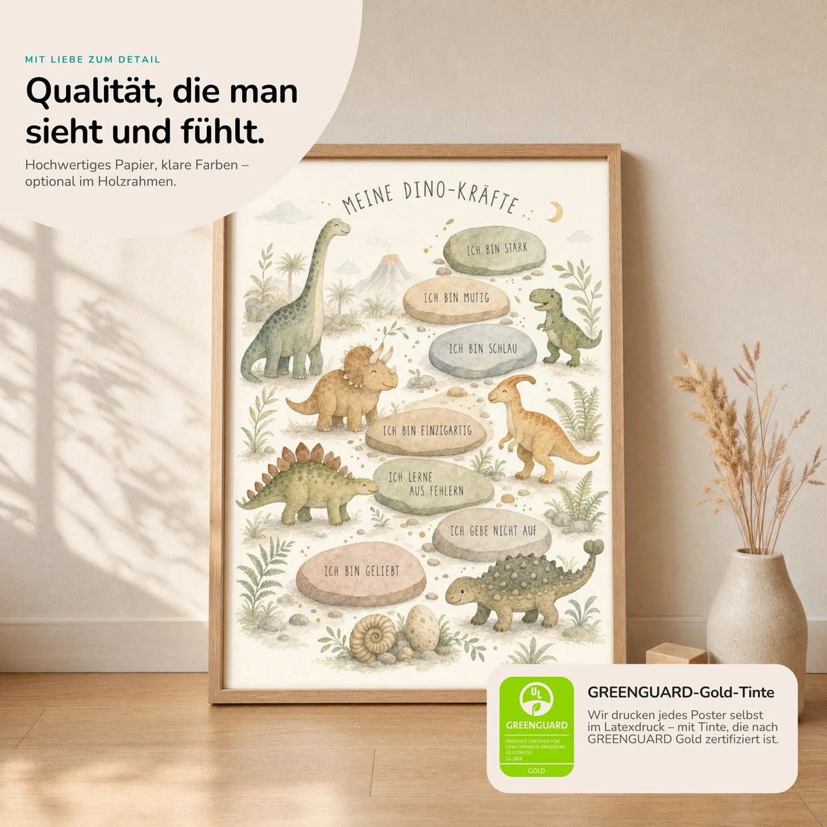 Kinderposter âDino-KrĂ€fteâ im Holzrahmen auf dem Regal â Poster mit SprĂŒchen fĂŒrs Kinderzimmer