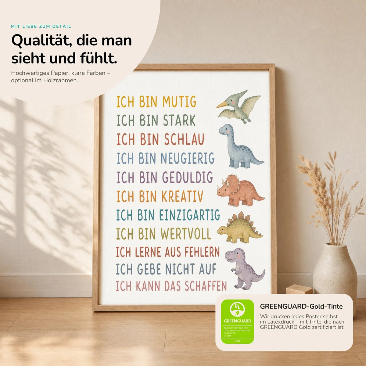 Kinderposter âDinosâ im Holzrahmen auf dem Regal â Poster mit SprĂŒchen fĂŒrs Kinderzimmer