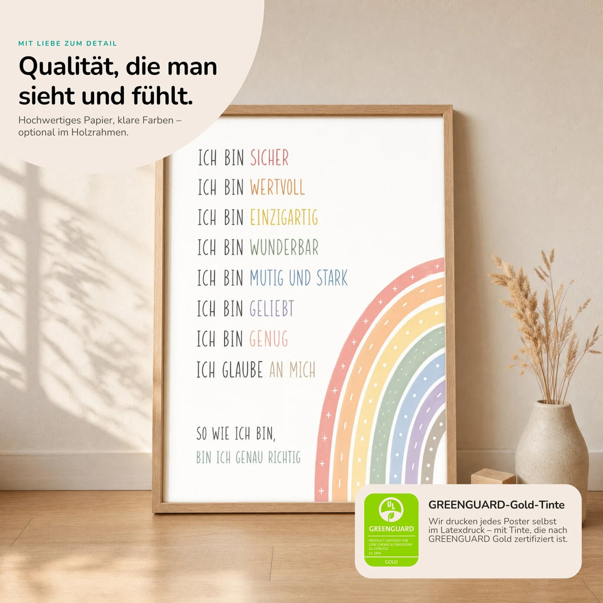 Kinderposter âMinimal Ich binâ im Holzrahmen auf dem Regal â Poster mit SprĂŒchen fĂŒrs Kinderzimmer