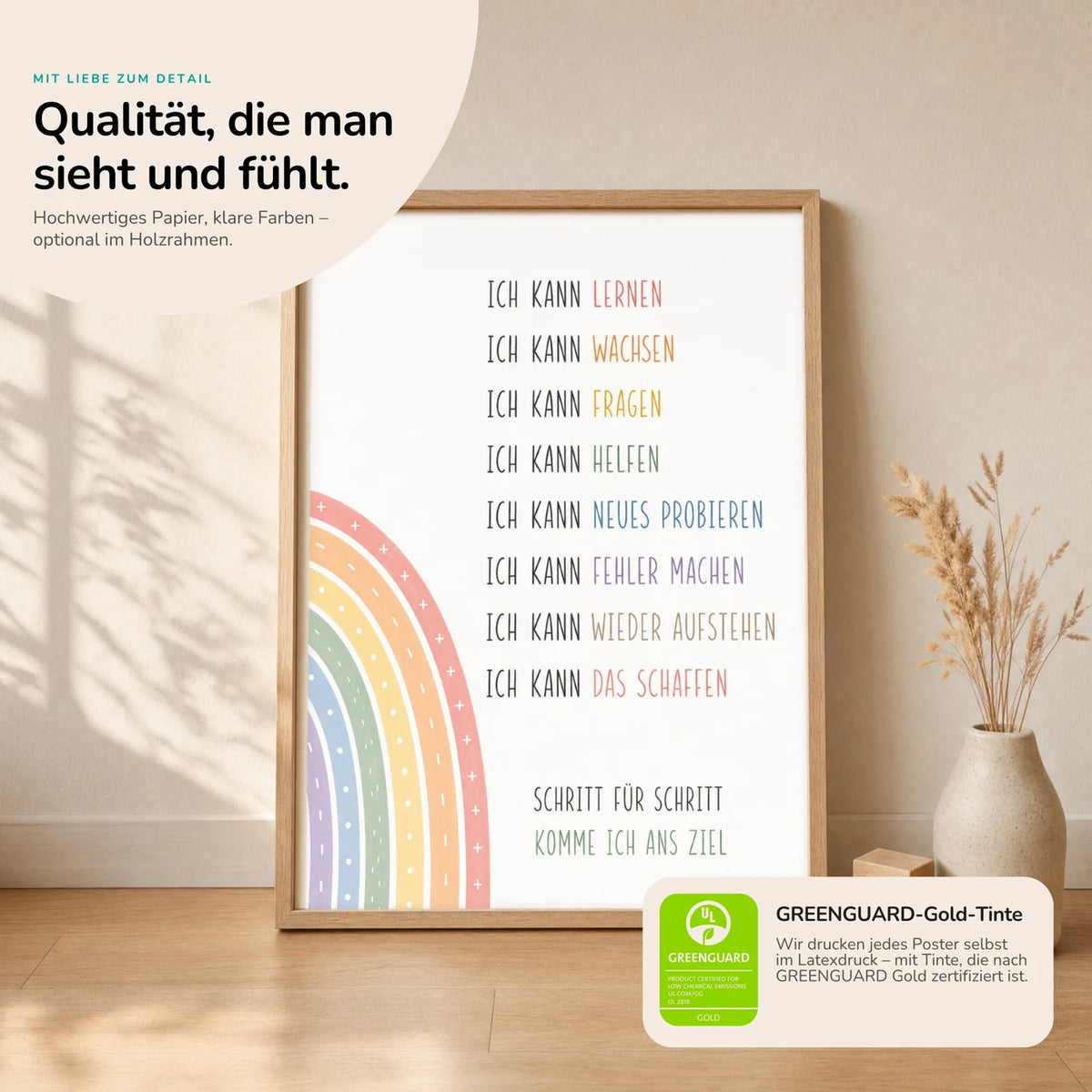 Kinderposter âMinimal Ich kannâ im Holzrahmen auf dem Regal â Poster mit SprĂŒchen fĂŒrs Kinderzimmer