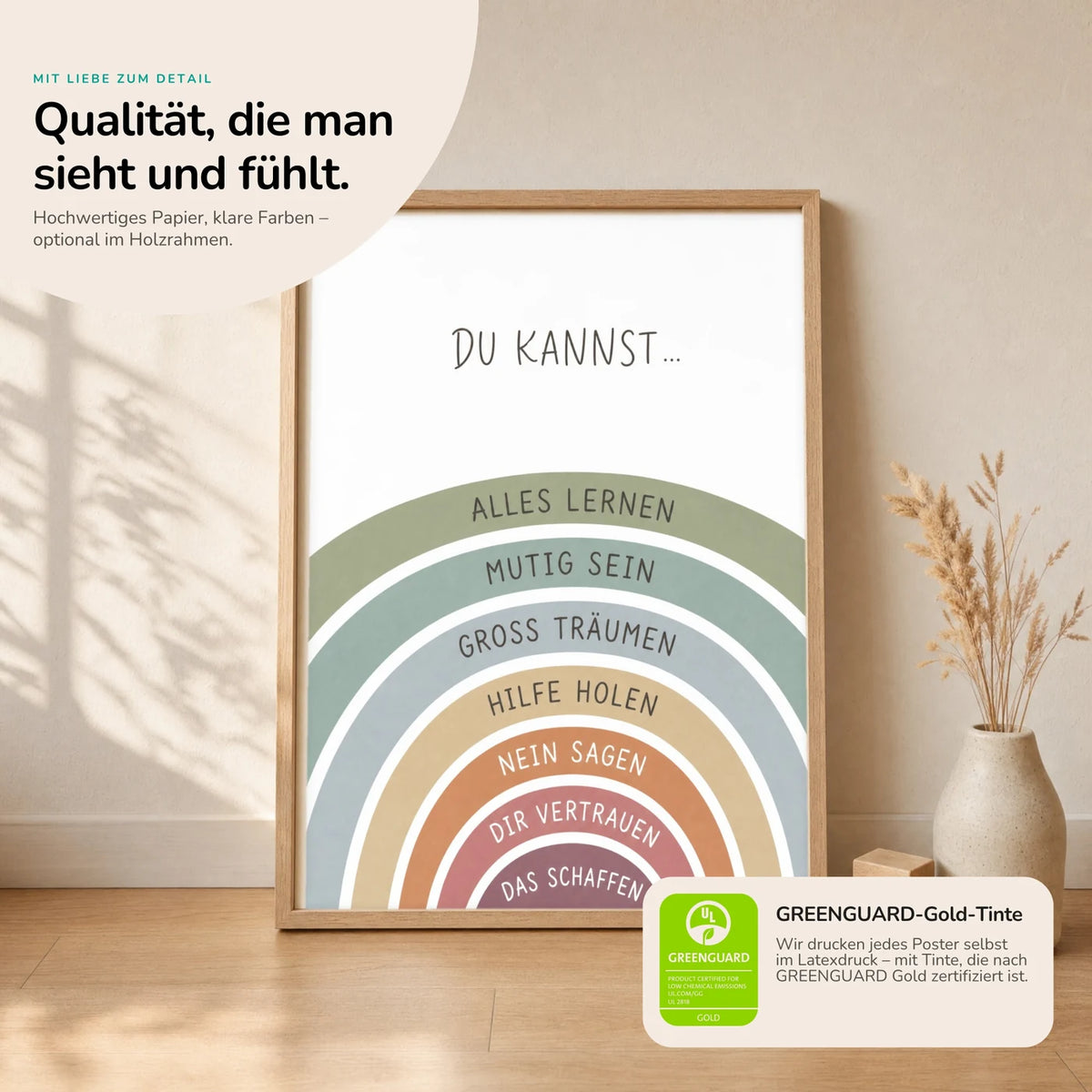 Kinderposter âRegenbogen Du kannstâ im Holzrahmen auf dem Regal â Poster mit SprĂŒchen fĂŒrs Kinderzimmer