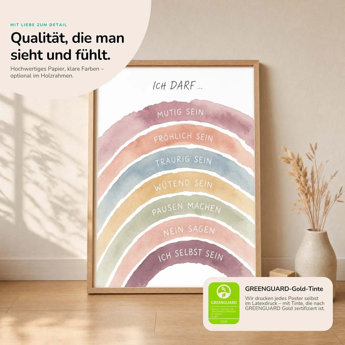 Kinderposter âRegenbogen Ich darfâ im Holzrahmen auf dem Regal â Poster mit SprĂŒchen fĂŒrs Kinderzimmer