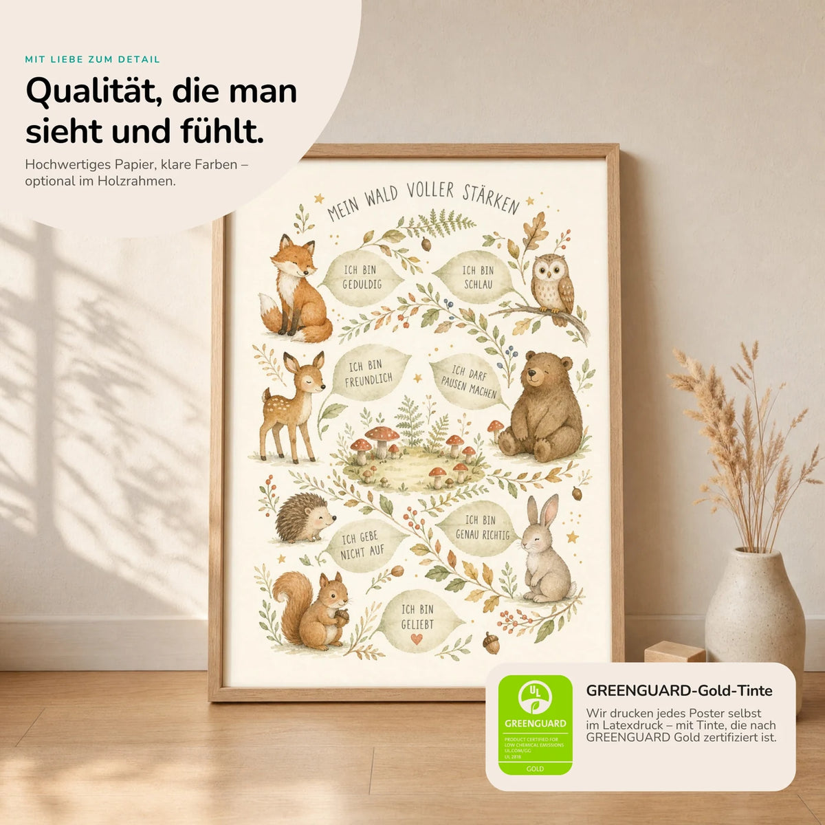 Kinderposter âWald voller StĂ€rkenâ im Holzrahmen auf dem Regal â Poster mit SprĂŒchen fĂŒrs Kinderzimmer