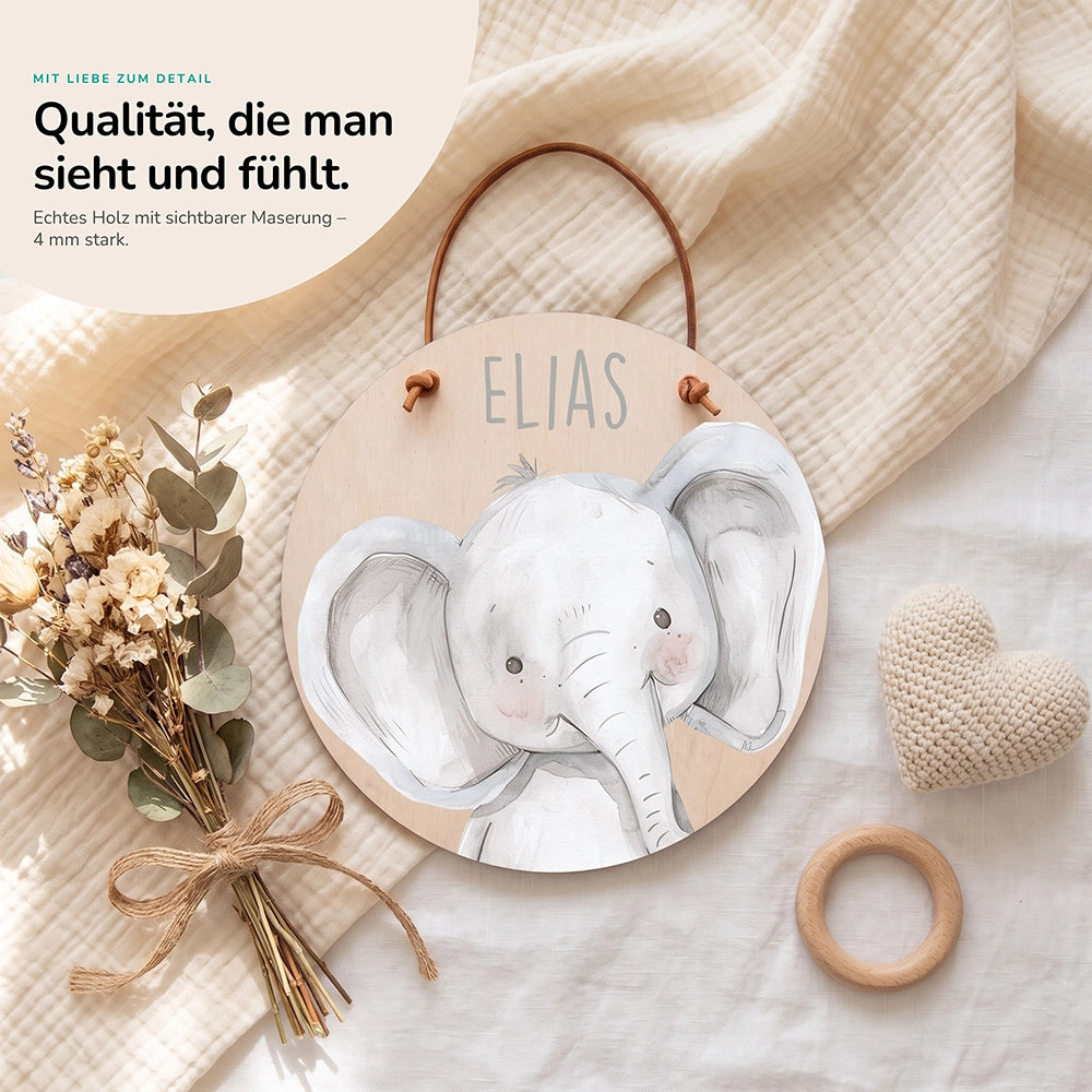 Türschild Kinderzimmer personalisiert mit Name Elefant Porträt