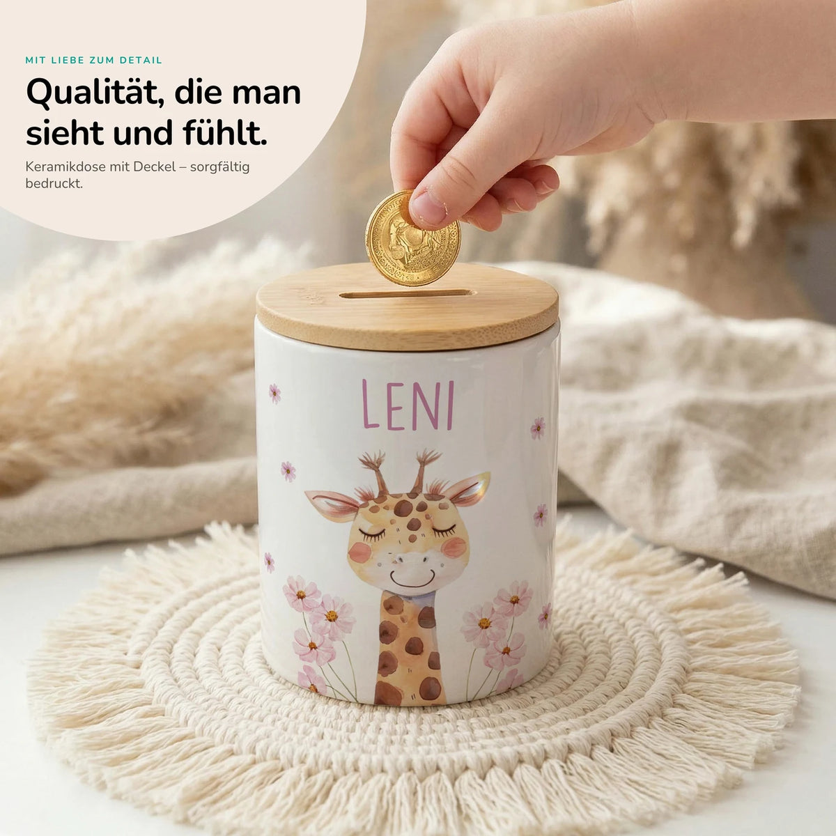 Personalisierte Spardose Giraffe Blumen â Keramik & Bambus mit Wunschname