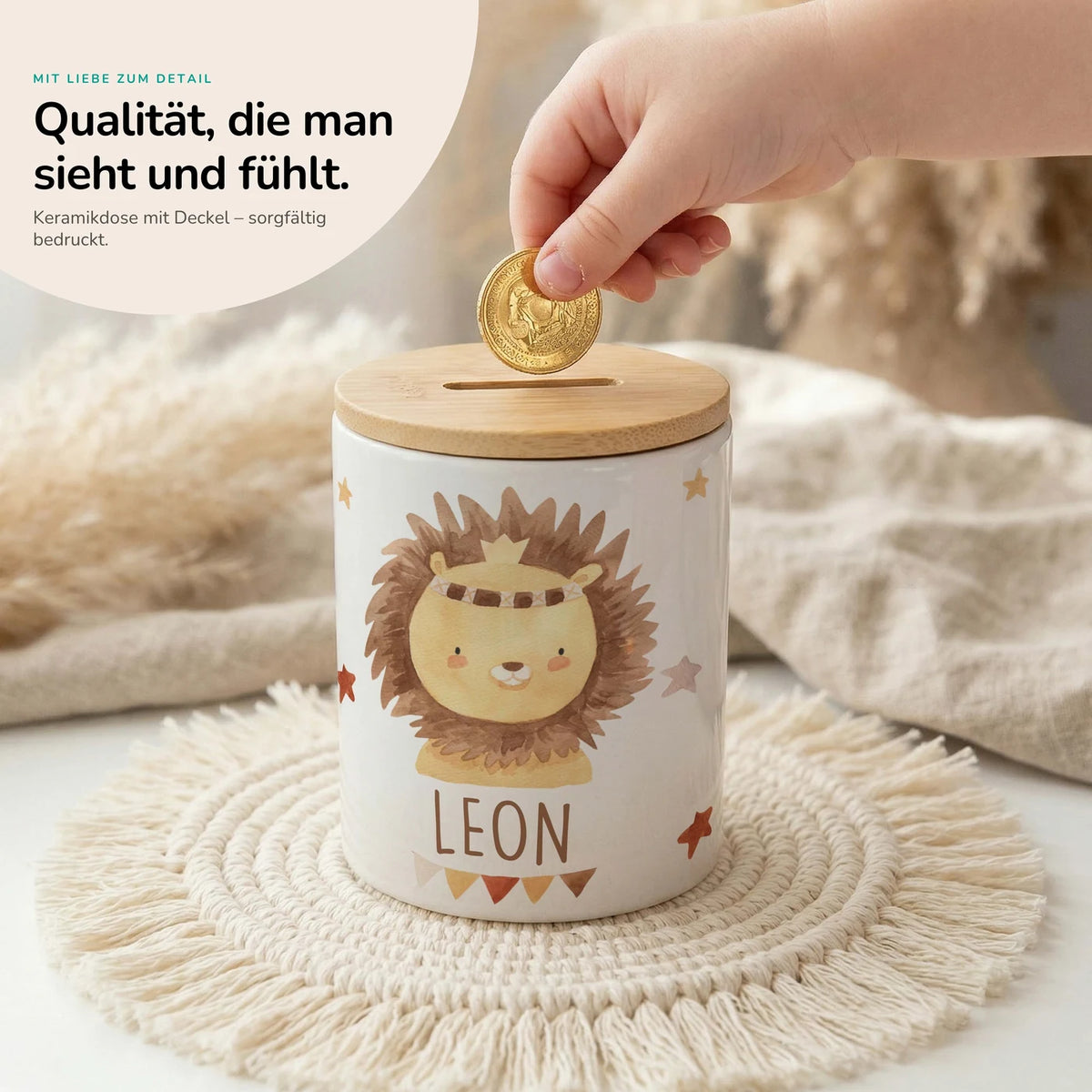 Personalisierte Spardose Löwe Boho â Keramik & Bambus mit Wunschname