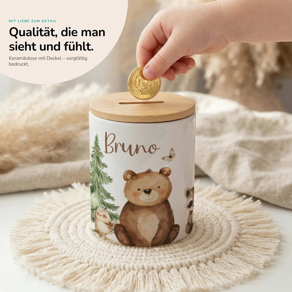 Personalisierte Spardose BĂ€r & WaschbĂ€r â Keramik & Bambus mit Wunschname